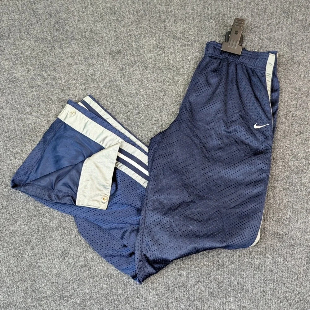 Vintage Nike Boys XL Navy Blue Mesh Track Pants Grey White Side Stripe Snap Hem